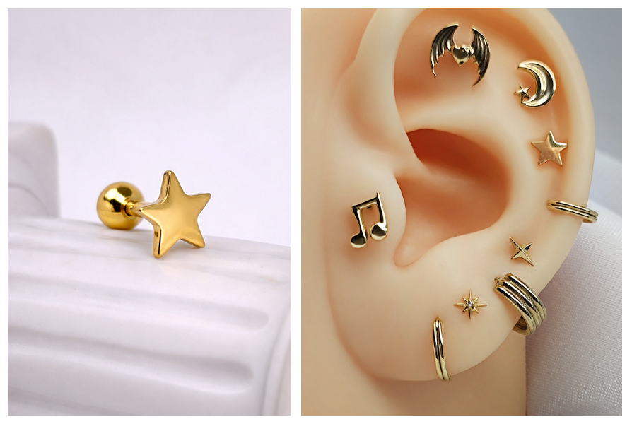 Kolczyk do ucha gwiazdka w złotym kolorze, zaprezentowany na dekoracyjnym jasnym tle oraz w stylizacji ucha z biżuterią inspirowaną motywem gwiazd i księżyca