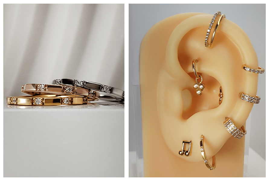 Kółko clicker prostokątne segmenty i kryształki – trzy kolory (złoty, różowe złoto, srebrny) na białym tle oraz złote kółka w kompozycji na silikonowym uchu