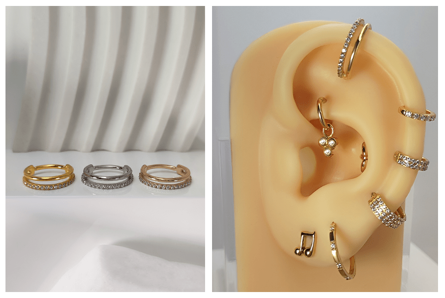 Kółko clicker podwójny ring z kryształami – trzy kolory (złoty, srebrny, różowe złoto) na białym tle oraz stylizacja złotych clickerów w silikonowym uchu