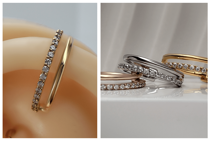 Złoty kółko clicker podwójny ring z kryształami założony w silikonowym uchu oraz zbliżenie zestawu trzech podwójnych ringów w różnych kolorach