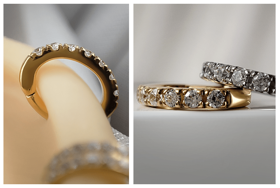 Złoty clicker owalny z rantem kryształków założony w uchu – zbliżenie detalu oraz para złotego i srebrnego clickera