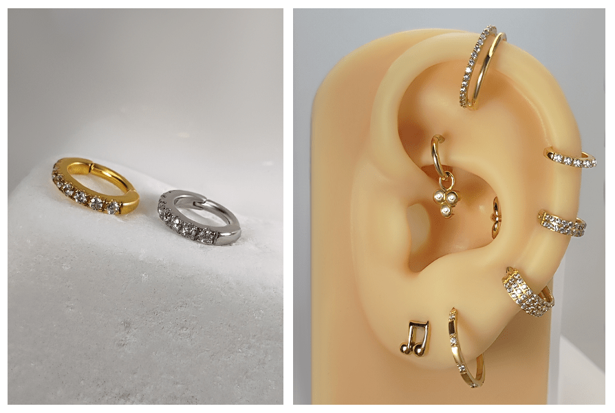Clicker owalny z rantem kryształków – złoty i srebrny model na jasnym tle oraz stylizacja kilku kolczyków w uchu