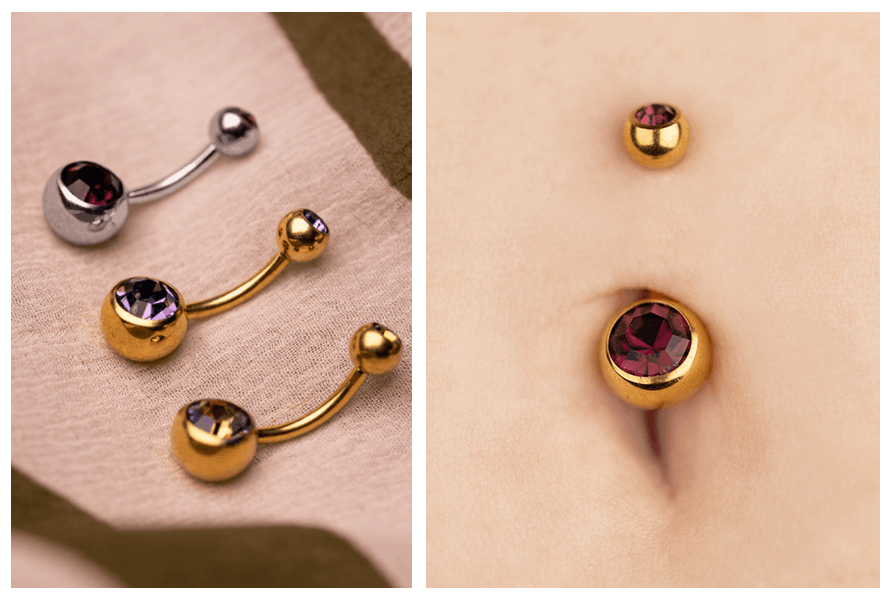 Tytanowy złoty kolczyk do pępka z dwoma kryształkami – detale na tkaninie i ujęcie w pępku, czerwony kamień