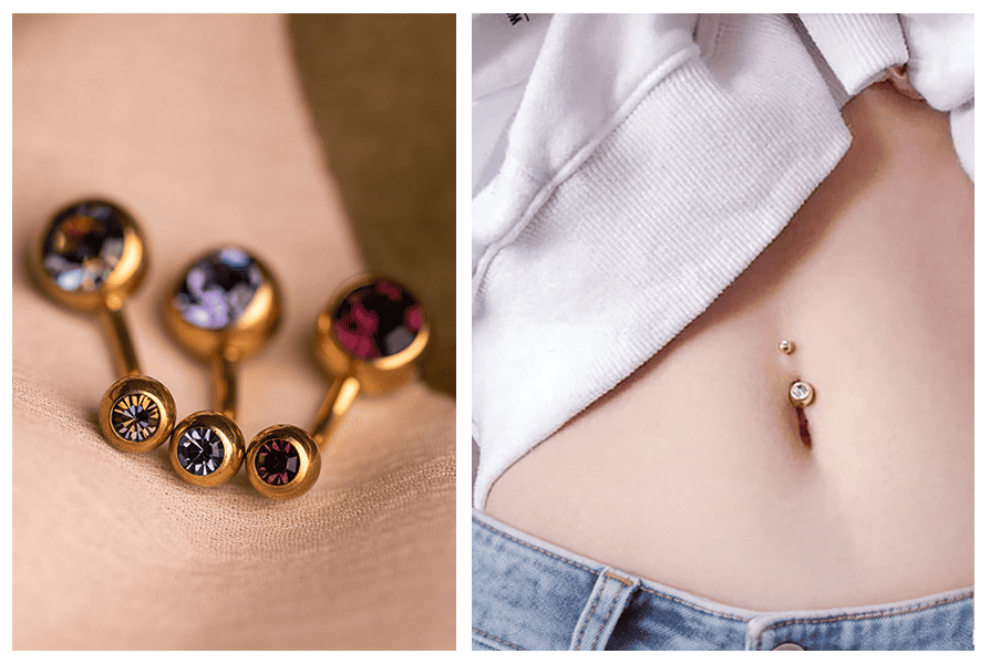 Złoty banan do pępka z tytanu z kryształkami w różnych kolorach – detale biżuterii i lifestyle na brzuchu
