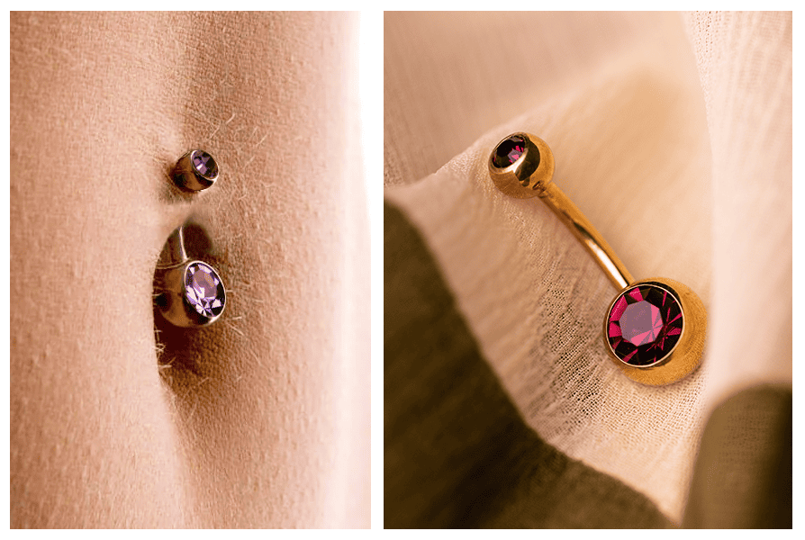 Kolczyk do pępka w kolorze złotym: tytanowy pręt i dwa kryształki – ujęcie na ciele oraz pojedynczy detal z czerwonym oczkiem