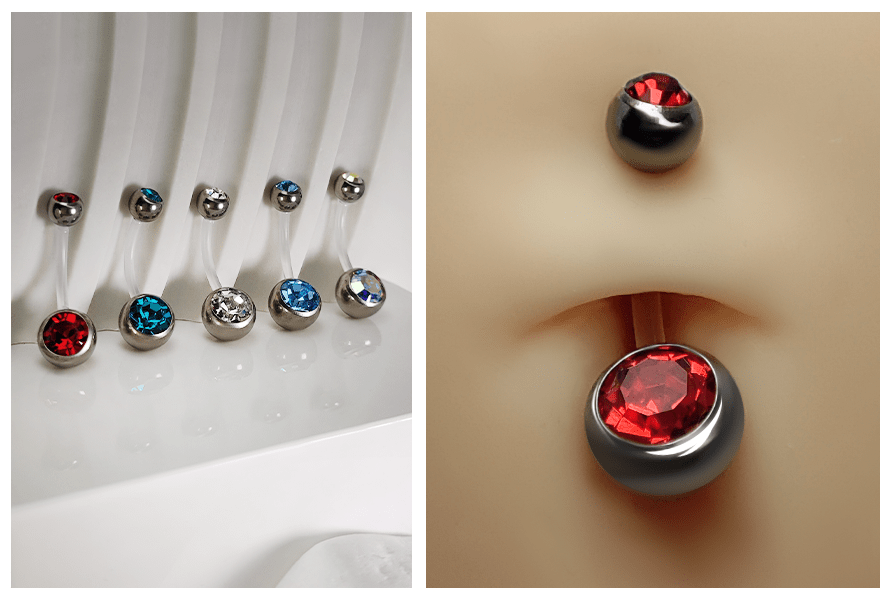 Kolczyk do pępka z kryształkami na elastycznym pręcie – zestaw kolorów na białym tle oraz czerwony model założony w silikonowym pępku