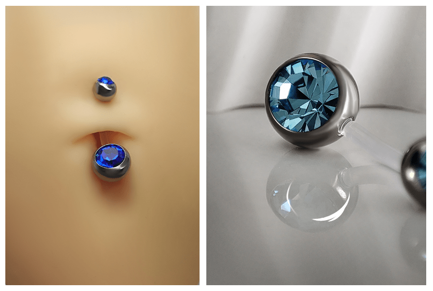 Kolczyk do pępka z niebieskimi kryształkami na elastycznym pręcie – zbliżenie dolnej kulki oraz prezentacja kolczyka w silikonowym pępku