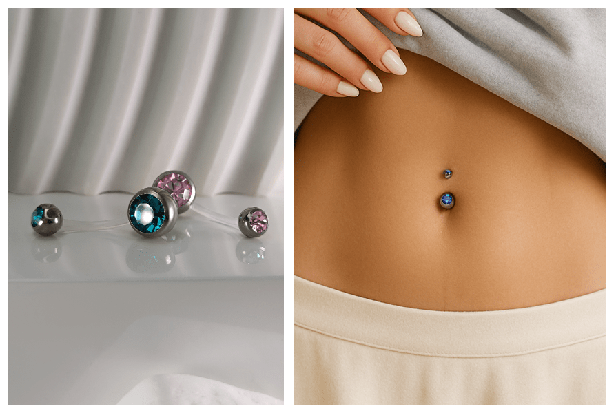 Kolczyk do pępka kryształki i elastyczny pręt – kilka modeli w różnych kolorach na tle studyjnym oraz niebieski kolczyk w pępku na brzuchu modelki