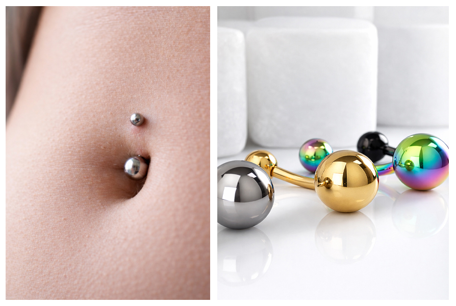 Zbliżenie na srebrny kolczyk do pępka założony na ciele, obok kilka modeli w różnych kolorach pokazanych z bliska na jasnym tle