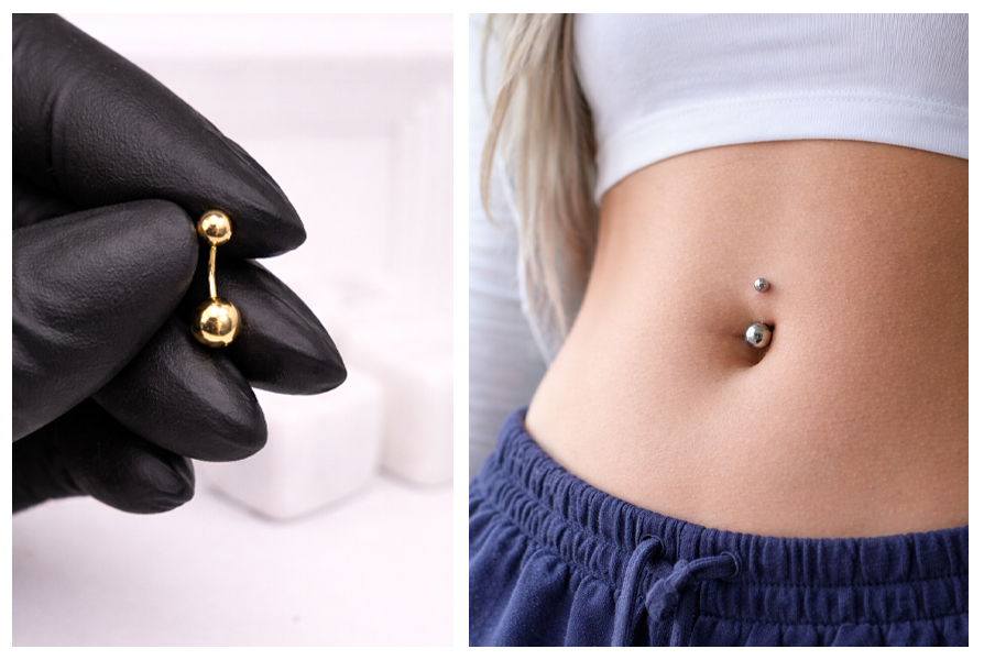 Złoty kolczyk do pępka trzymany w czarnej rękawiczce, a obok srebrny model założony w pępku w codziennej stylizacji