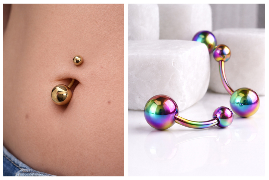 Złoty kolczyk do pępka pokazany z bliska na ciele, a obok dwa tęczowe modele ułożone na białym tle