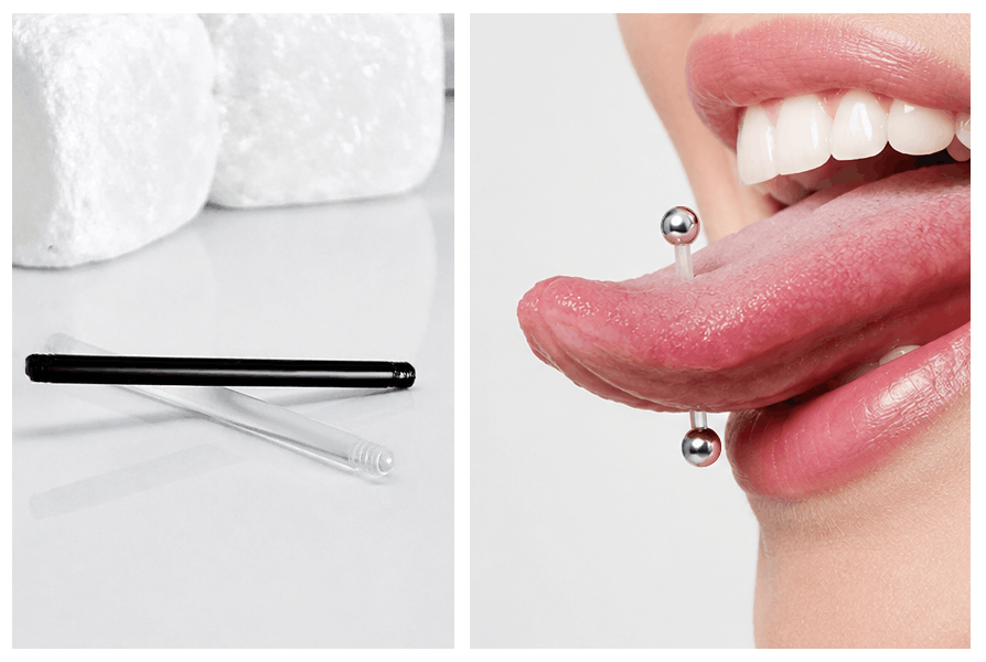 Bioplastowa sztanga do piercingu w wersji transparentnej i czarnej oraz przykład zastosowania kolczyka w piercingu języka