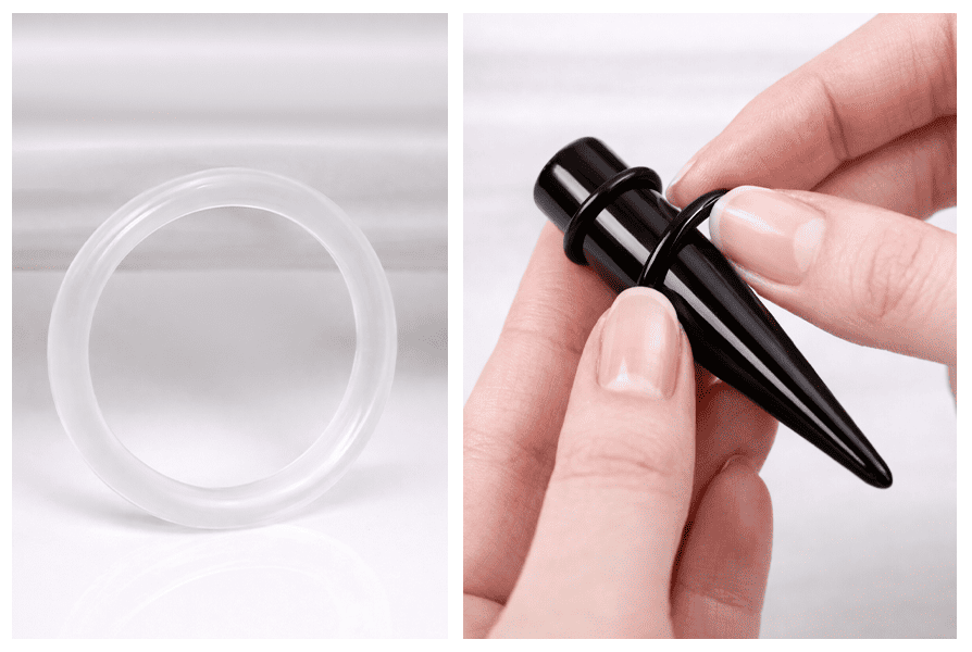 Czarne o-ringi do tuneli i rozpychaczy, pokazane na jasnym tle oraz podczas zakładania na czarny rozpychacz do ucha