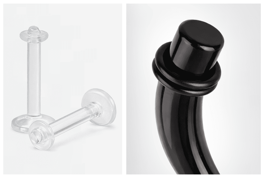 Czarny o-ring do rozpychacza pokazany w zbliżeniu na czarnym taperze, obok przezroczystych elementów biżuterii do piercingu