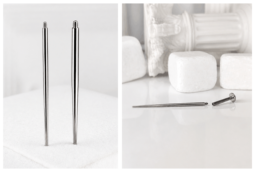 Prosty pin do prętów z gwintem wewnętrznym wykonany z tytanu - wymienna końcówka do piercingu prezentowana na jasnym tle oraz w zbliżeniu na gwint.