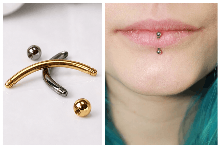 Tytanowe banany do piercingu z odkręcanymi kulkami w kolorze srebrnym i złotym oraz przykład zastosowania kolczyka w przekłuciu wargi typu vertical labret