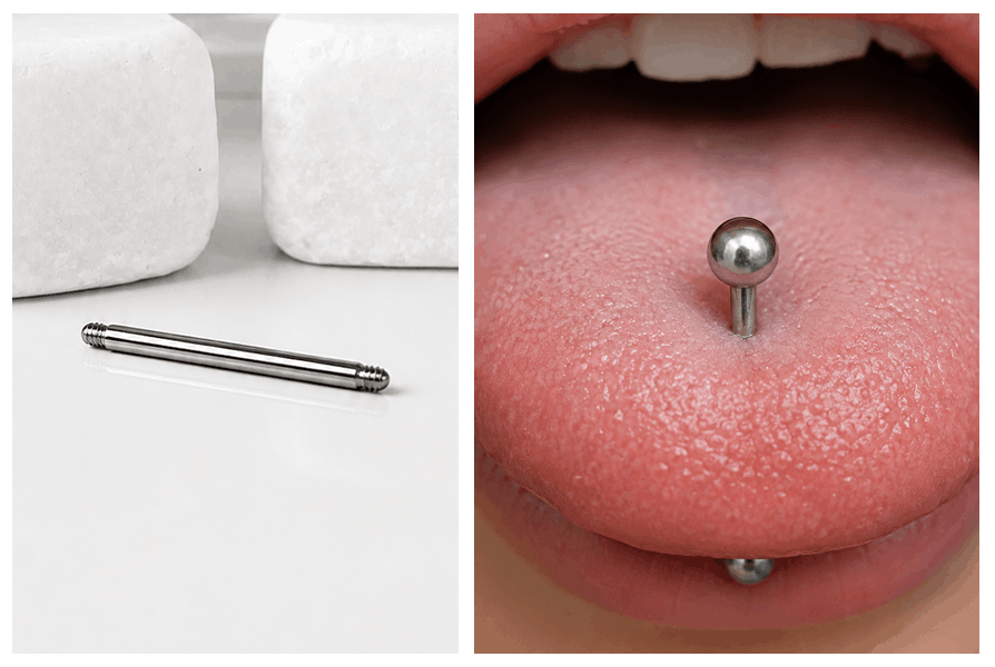 Stalowy pręt typu sztanga do piercingu z gwintem zewnętrznym oraz przykład kolczyka w piercingu języka