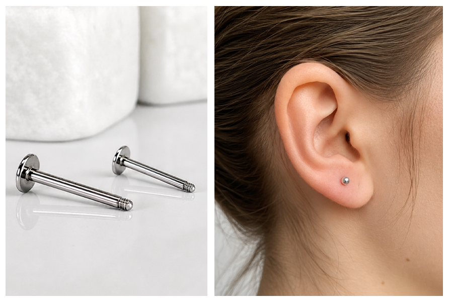 Stalowy pręt typu labret z gwintem zewnętrznym oraz przykład zastosowania kolczyka w piercingu ucha