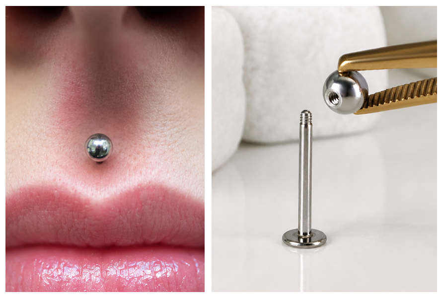 Stalowy labret do piercingu prezentowany na modelce oraz klasyczny pręt z płaską stopką kompatybilny z kulkami i ozdobnymi końcówkami