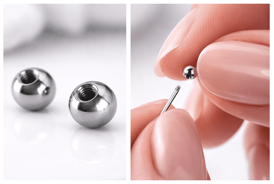 Stalowa nakrętka kulka do kolczyków z gwintem wewnętrznym (do prętów z gwintem zewnętrznym), pokazana na jasnym tle oraz podczas nakręcania na pręt kolczyka piercingowego