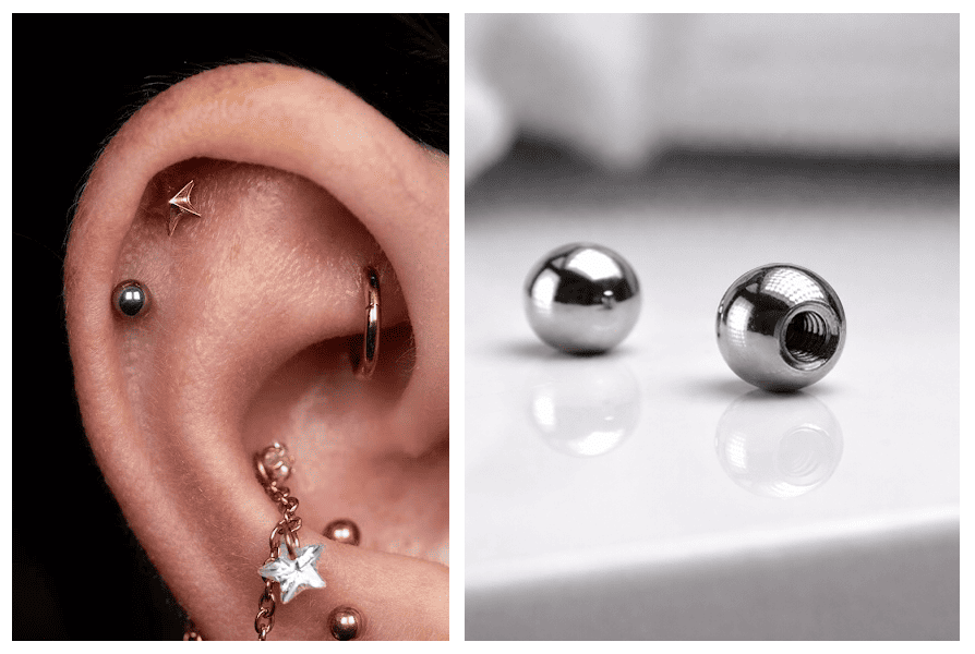 Srebrna stalowa kulka do kolczyków piercingowych, zaprezentowana jako element biżuterii na uchu oraz osobno w zbliżeniu na białym blacie