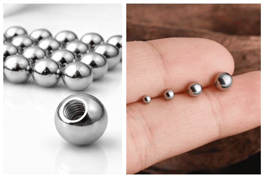 Gwintowana stalowa kulka do kolczyków w różnych rozmiarach, pokazana w dużym zbliżeniu oraz na palcu dla porównania wielkości