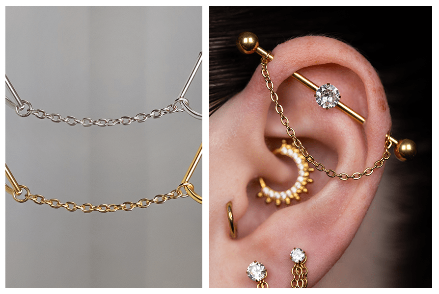 Łańcuszek pojedynczy prosty do kolczyków – złoty i srebrny łącznik do piercingu ucha, założony na kolczyk industrial