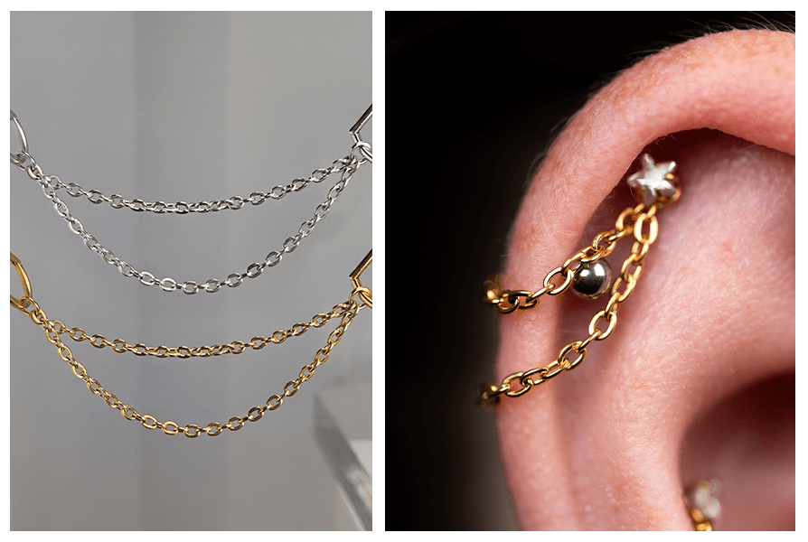 Srebrny i złoty podwójny łańcuszek do kolczyków – na zbliżeniu oraz założony na uchu, gdzie złoty łańcuszek łączy dwa przekłucia