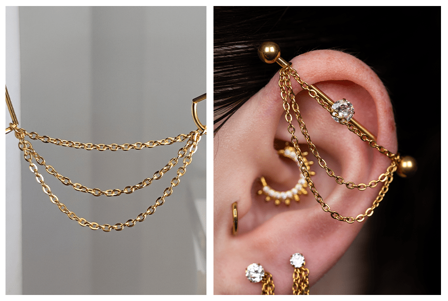 Złoty potrójny łańcuszek doczepiany do kolczyków – pokazany na zbliżeniu oraz założony przy piercingu industrial w uchu