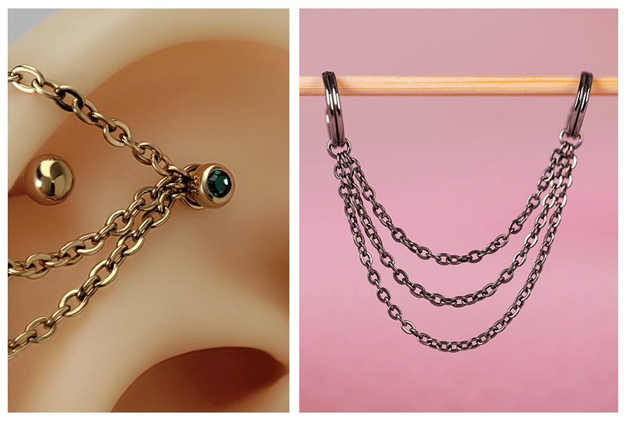 Potrójny łańcuszek do kolczyków – złoty z zielonym kryształkiem oraz srebrny łańcuszek zawieszony między dwoma kółkami na różowym tle