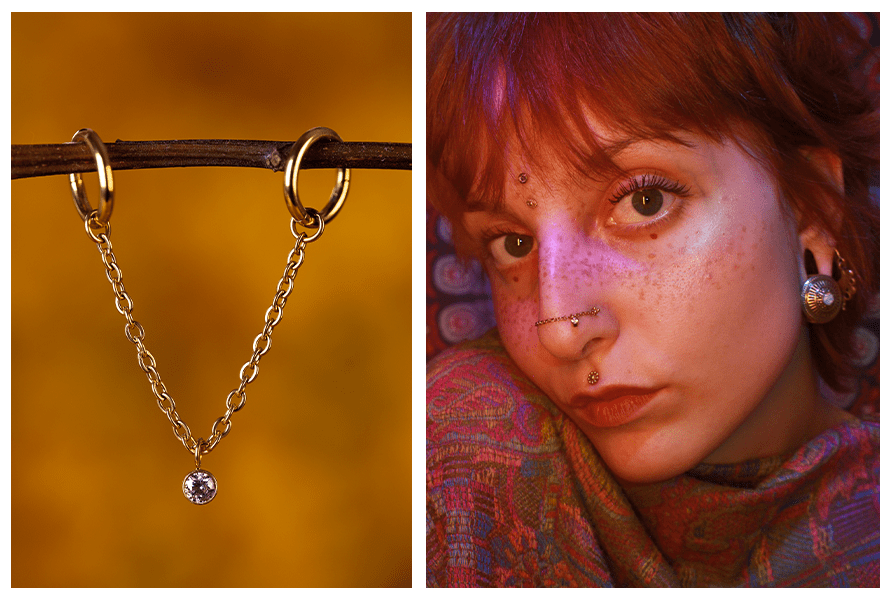 Złoty łańcuszek do kolczyków z pojedynczym kryształem – zwisa między dwoma kółkami na gałązce oraz założony jako ozdoba przy piercingu nosa