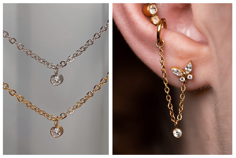 Cienki łańcuszek z kryształem doczepiany do kolczyków – pokazany w wersji srebrnej i złotej oraz założony na uchu, gdzie zwisa od kółka do kolczyka w kształcie motyla