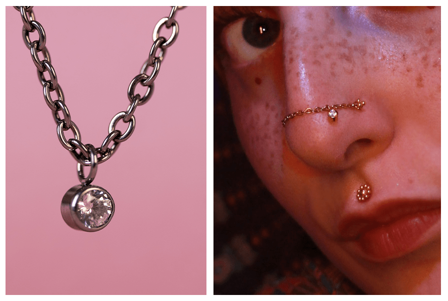 Łańcuszek pojedynczy z okrągłym kryształem – zbliżenie na ciemny łańcuszek z zawieszką oraz stylizacja z łańcuszkiem połączonym między dwoma przekłuciami nosa
