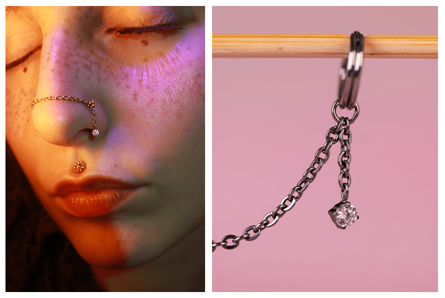 Asymetryczny łańcuszek z kryształkiem do piercingu – stylizacja na nosie oraz srebrna wersja łańcuszka zawieszona na kółku