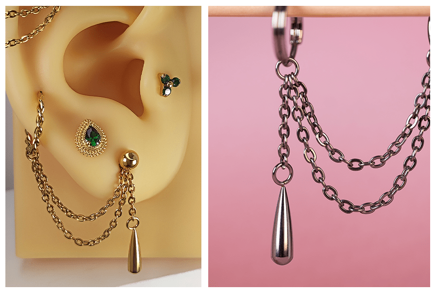 Asymetryczny łańcuszek z łezką do kolczyków – złota i srebrna wersja zawieszona przy uchu oraz na kółku
