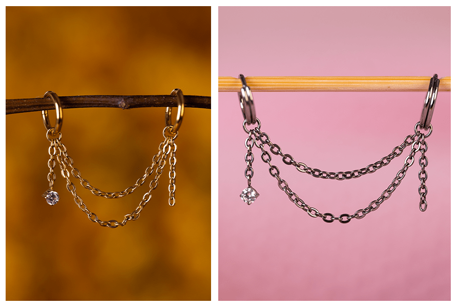 Łańcuszek symetryczny z kryształkiem do kolczyków – złota i ciemna wersja zawieszona między dwoma kółkami