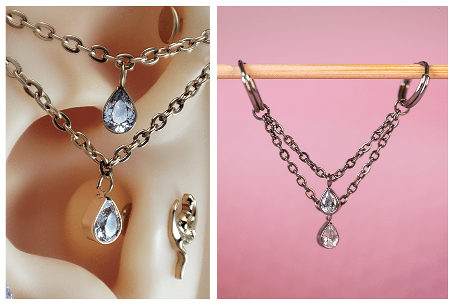 Łańcuszek podwójny z kryształowymi łezkami do piercingu – detal na silikonowym uchu oraz srebrna wersja łącząca dwa kolczyki kółka na różowym tle