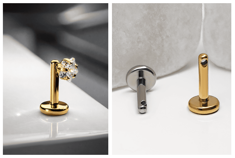 Tytanowy pręt labret z bocznym gwintem wewnętrznym – złoty i srebrny pręt na jasnym tle, pokazany otwór na końcu pręta oraz przykład z wkręconą ozdobą