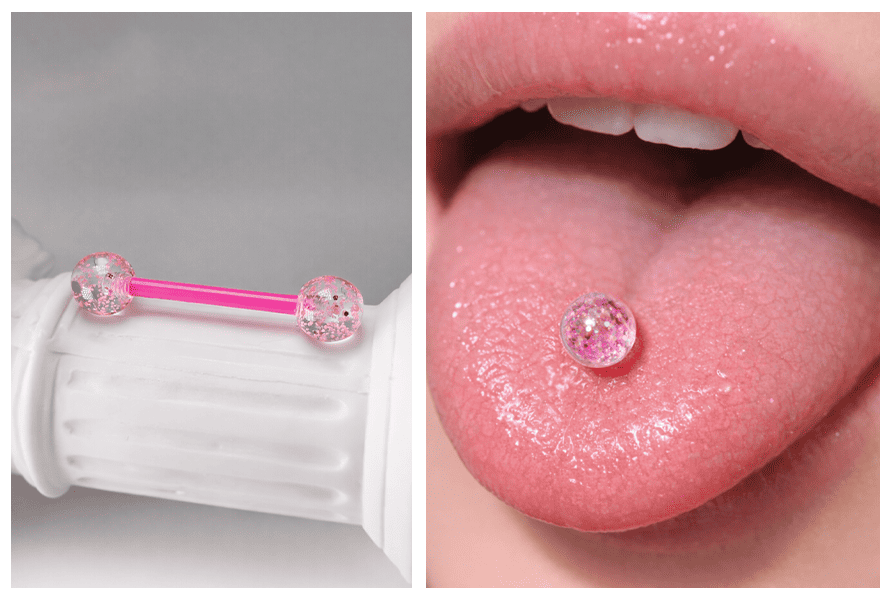 Brokatowy kolczyk do języka z różowym prętem i przezroczysto-różowymi kulkami z połyskującym wypełnieniem, pokazany na jasnym tle oraz założony na języku