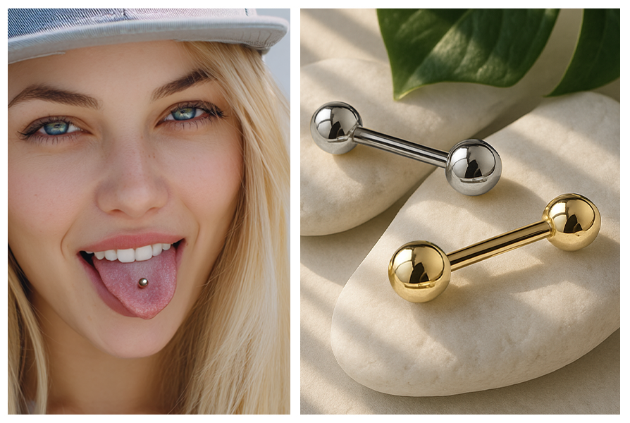 Kolczyk sztanga z tytanu G23 z kulkami – zbliżenie na kolczyk na języku modelki oraz wersje w srebrnym i złotym kolorze ułożone na kamieniach