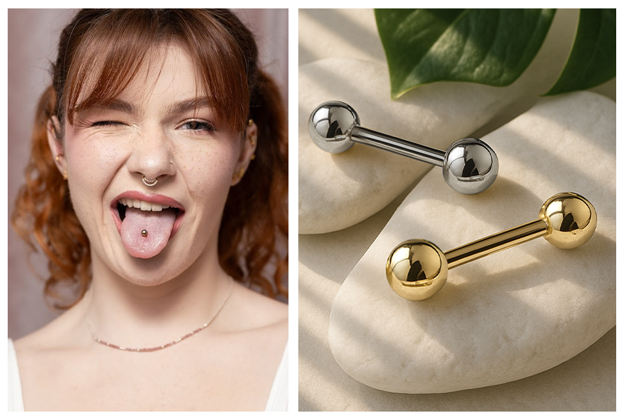 Kolczyk sztanga z tytanu G23 z kulkami – zbliżenie na kolczyk na języku modelki oraz wersje w srebrnym i złotym kolorze ułożone na kamieniach