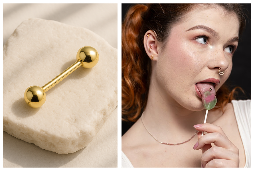 Kolczyk sztanga z tytanu G23 z kulkami w złotym kolorze na kamieniu oraz modelka z kolczyku w języku z lizakiem