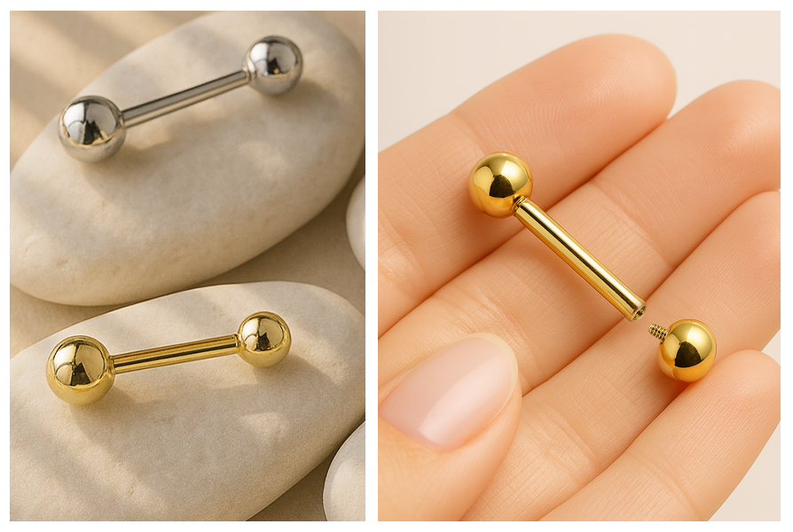 Kolczyki sztangi z tytanu G23 z kulkami w kolorze srebrnym i złotym, pokazane w kilku rozmiarach na kamieniach oraz w zbliżeniu na rozkręcone elementy z gwintowanymi kulkami
