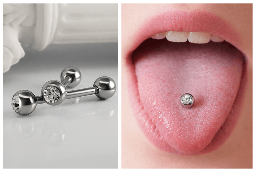 Srebrny kolczyk do języka z bezbarwnym kryształkiem, pokazany na jasnym tle w dwóch ujęciach oraz założony na języku; stal chirurgiczna 316L