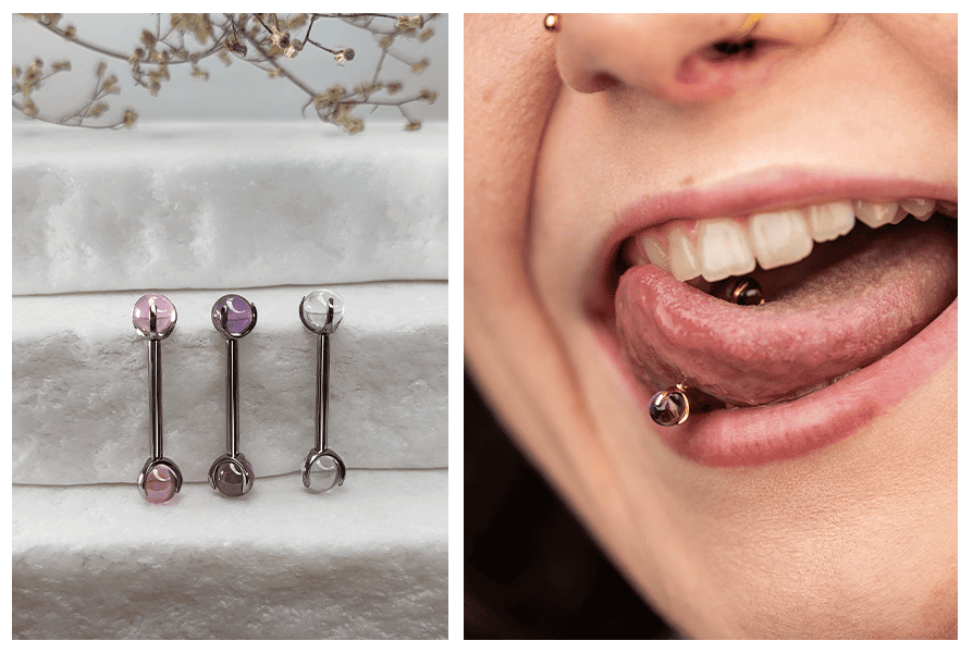 Sztanga do języka z przezroczystymi kulkami – trzy sztangi na białym tle oraz przykład w piercingu języka