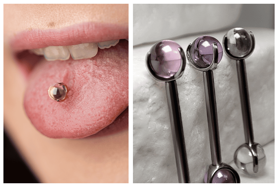 Sztanga z przeźroczystymi kulkami w wersji ciemnej – makro na piercing języka oraz trzy sztangi na kamieniu