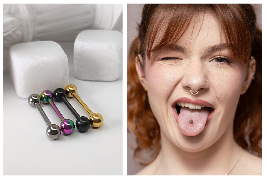 Tytanowe kolczyki typu sztanga z gwintem zewnętrznym w kolorze srebrnym, złotym, czarnym i tęczowym oraz modelka z piercingiem języka prezentująca biżuterię do tongue piercing