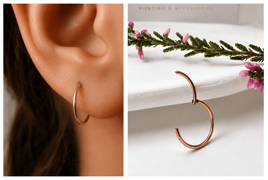 Tytanowy kolczyk typu ring clicker w kolorze różowego złota założony w uchu modelki oraz pojedynczy kolczyk pokazany w minimalistycznej aranżacji produktowej