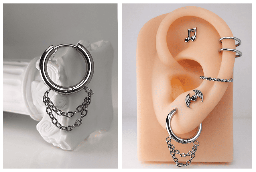 Srebrny clicker do ucha z dwoma łańcuszkami, pokazany jako pojedynczy produkt na jasnym tle oraz w stylizacji na uchu z inną biżuterią piercingową