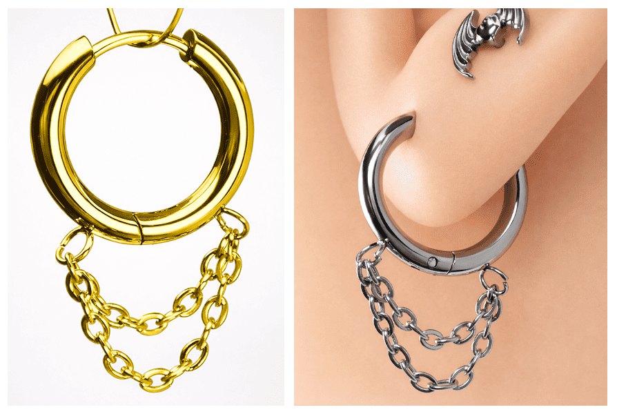 Kolczyk typu clicker z dwoma łańcuszkami, pokazany w wariancie złotym na białym tle oraz w srebrnej wersji założonej na uchu